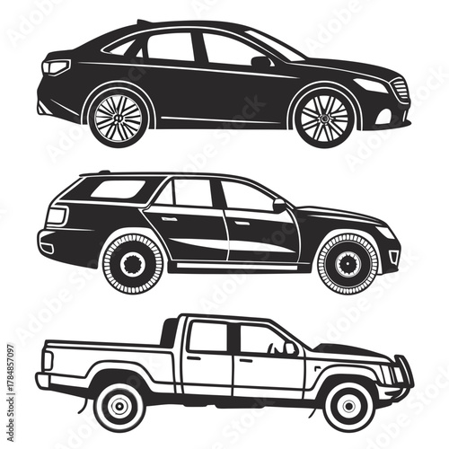 Set of three vehicle silhouettes sedan station wagon and pickup truck