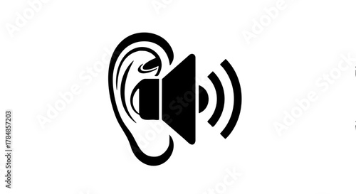 Hearing and sound concept icon. Minimalist flat design with an ear and speaker symbol. Audiology and hearing health vector illustration