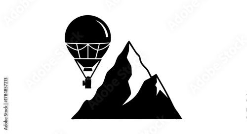 Hot air balloon over a mountain silhouette. Minimalist vector icon for travel and adventure concepts. Simple black and white exploration graphic