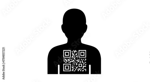 Person silhouette icon with a QR code on the chest. Digital identity and personal data concept. Minimalist flat vector illustration