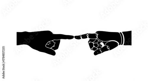 Human and robot hands touching illustration. Artificial intelligence and humanity connection concept. Minimalist black and white silhouette vector graphic