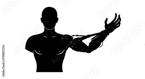 Silhouette of a cyborg with a bionic arm. Futuristic technology and transhumanism concept. Black and white vector illustration