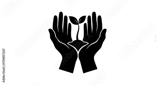 Hands holding a plant sprout icon. Growth, care, and environmental protection concept. Minimalist black silhouette vector illustration