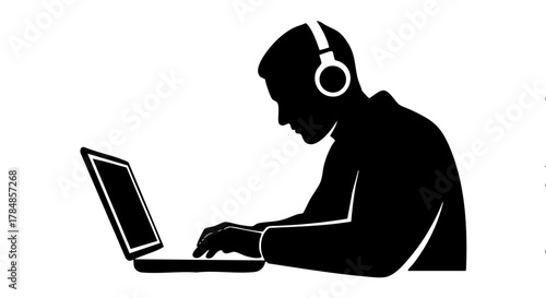 Silhouette of a person with headphones working on a laptop. Minimalist vector icon for remote work, customer support, or gaming concepts