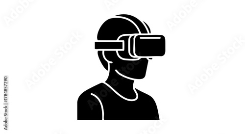 Virtual reality headset glyph icon. Minimalist vector illustration of a person in VR. Metaverse and gaming technology symbol