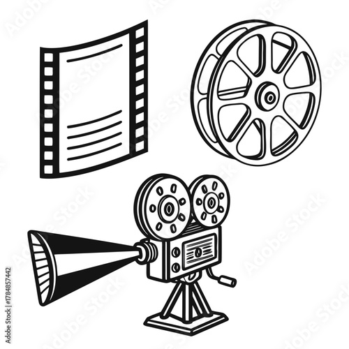Vintage film reel movie camera and film strip illustration