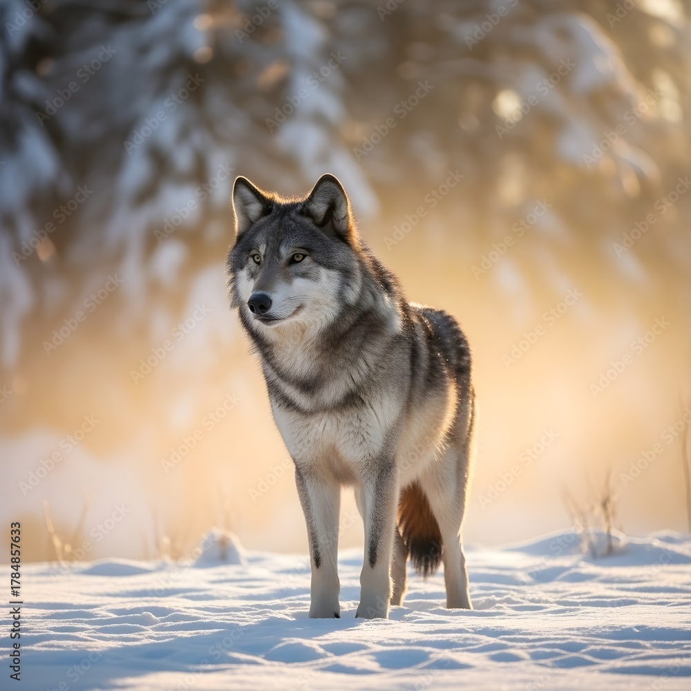 Obraz premium A magnificent grey wolf stands alert amidst a pristine, snow-covered winter forest, bathed in the soft, golden light of dawn, embodying the spirit of wild nature in its natural habitat