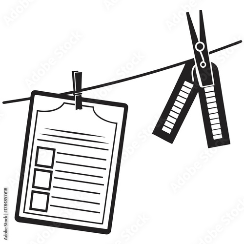 Checklist and measuring tape hanging on a clothesline with clothespins