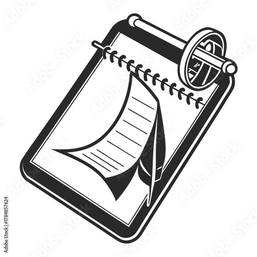 Black and white illustration of a notebook with a quill pen and inkwell