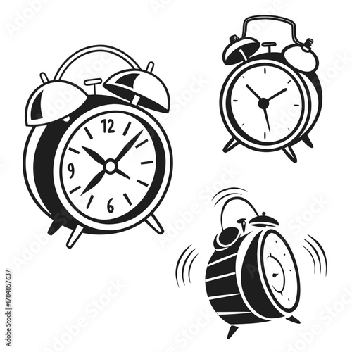 Collection of vintage alarm clocks in black and white line art style