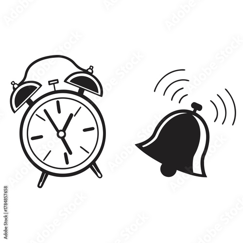 Alarm clock and ringing bell icons for time and notification concepts