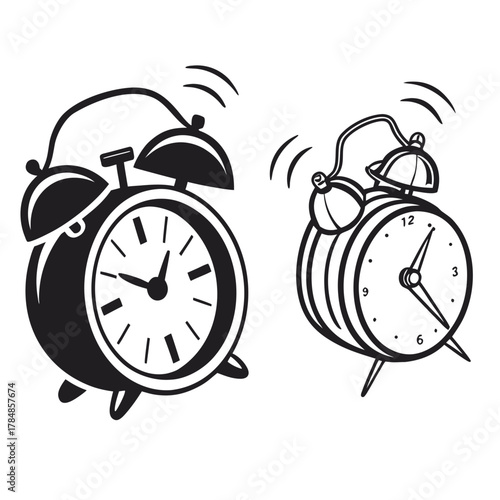 Two vintage alarm clocks ringing loudly with sound waves