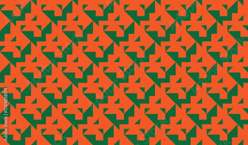 A striking seamless pattern composed of sharp, arrow-like orange shapes arranged diagonally on a rich green backdrop. The design forms a continuous geometric flow with a contemporary feel