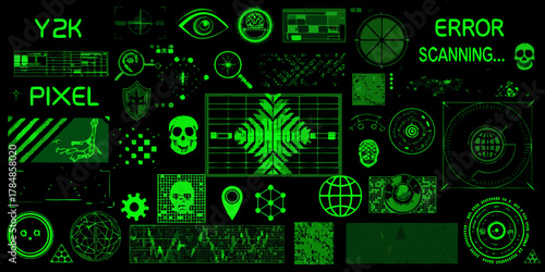 Digital futuristic interface elements and icons in neon green on black background
