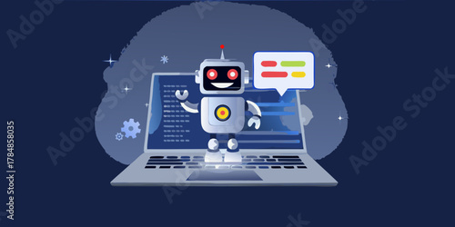 Friendly cartoon robot standing on a laptop with a chat bubble and code on screen