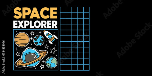 Cute cartoon space explorer with planets rocket and stars on black background with grid