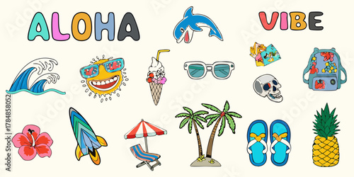 Fun summer vacation beach vibes aloha vibe collection of tropical elements and accessories