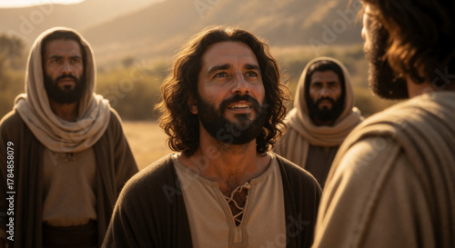 Jesus Christ looking up towards the light while talking with his disciples. A realistic biblical depiction of faith and hope at golden hour.