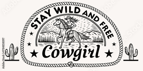 Vintage style illustration of a cowgirl riding a horse with mountains and cacti emblematic of the wild west