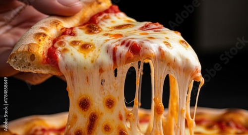 Slice of pizza with melting cheese pulled up from rest of pizza