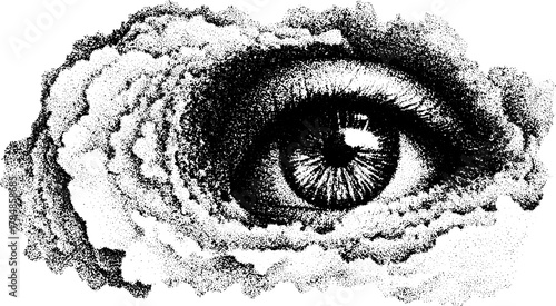 Eye illustration surrounded by black clouds with intricate dot patterns. This detailed vector illustration captures a surreal vision style.