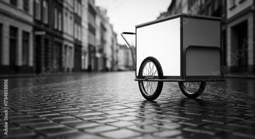 Fototapeta Naklejka Na Ścianę i Meble -  Mobile advertising mockup on a delivery pushcart. Blank branding panel for small business marketing. Vintage vendor cart on a wet cobblestone street. Urban commerce concept