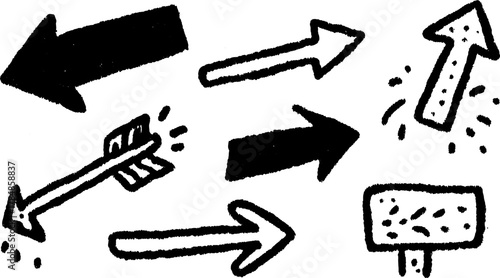 Arrow icons and markers in a simple black sketch style. Vector illustration showcases a set of directional elements for clear communication.