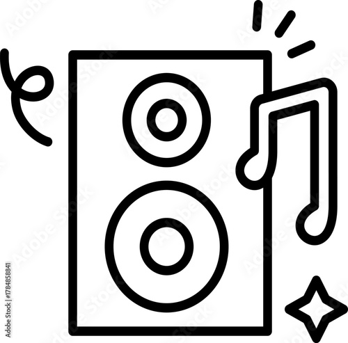 A sound system icon for parties, with floating notes and powerful speakers to create a festive and grand atmosphere.