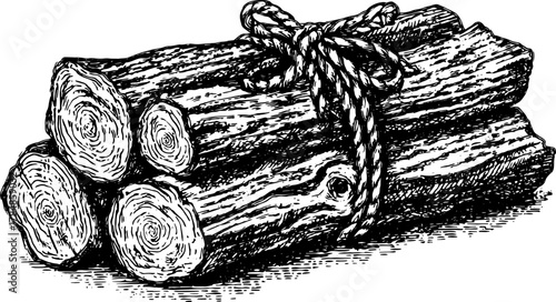 Bundle of firewood tied with rope in a vintage black and white vector illustration. Detailed outline drawing capturing the natural texture of the logs.
