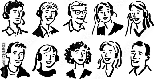 Headset-wearing customer service representatives in a modern flat style. This vector illustration showcases a diverse set of people in communication.