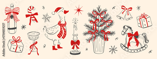Set of festive winter holiday elements in hand-drawn sketch style, featuring a champagne bottle, gift box, bells, candy cane, goose, candle, Christmas tree, and rocking horse, for greeting card and