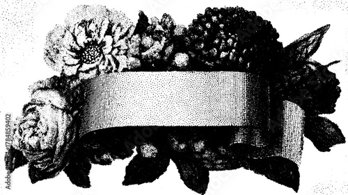 Floral engraving with a ribbon in vintage silhouette style. This decorative set features elements presented in a black-and-white vector illustration.
