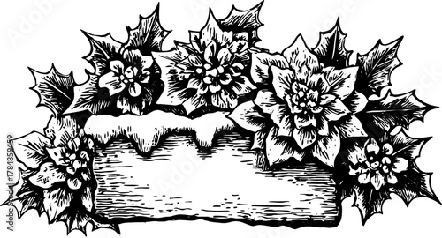 Antique engraving of flowers with holly and poinsettia. Hand-drawn decorative border for winter greeting card, vintage vector illustration.