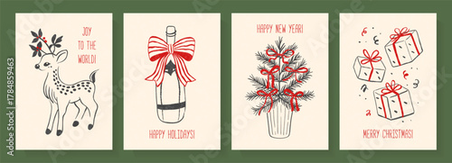 Set of holiday greeting cards in hand-drawn sketch style, featuring a cute little deer with antlers, a bottle of champagne with a bow, a Christmas tree in a pot and falling gift boxes, for retro