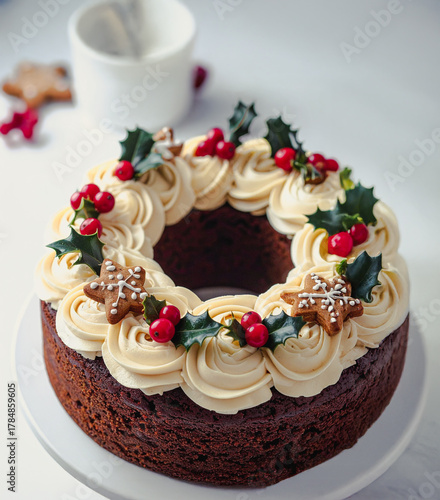 Christmas Ring Cake with Holly and Berries