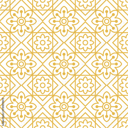 Seamless yellow geometric shapes forming an elegant ornamental pattern on a white backdrop, ideal for textiles, wallpapers, branding, and decorative design.