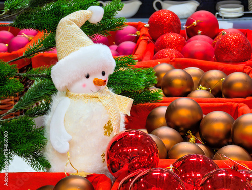 Snowman and Christmas tree decorations in a supermarket