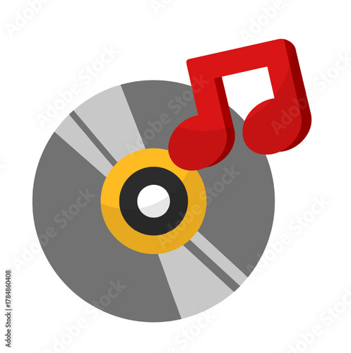 Compact Disk with Musical Note Illustration Isolated on White Background