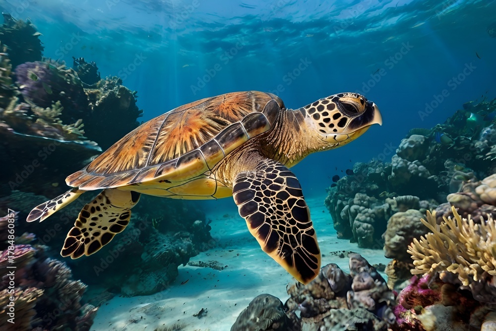 Obraz premium Hawksbill sea turtle swimming near coral reef in clear tropical ocean, realistic marine wildlife image 