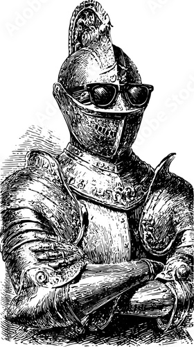 Knight silhouette in an antique engraving style wearing sunglasses. Retro vector illustration set in black line art.
