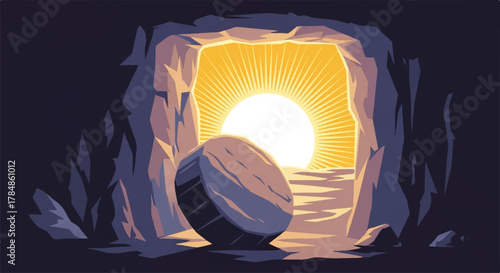 Christian illustration of the empty tomb on Easter morning. The resurrection of Jesus Christ with the stone rolled away. Vector graphic of a cave with bright light