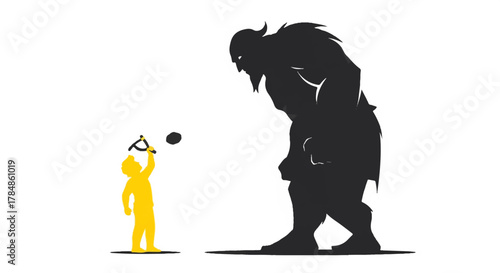 David and Goliath biblical story illustration. Underdog versus giant business concept. Minimalist flat design vector graphic