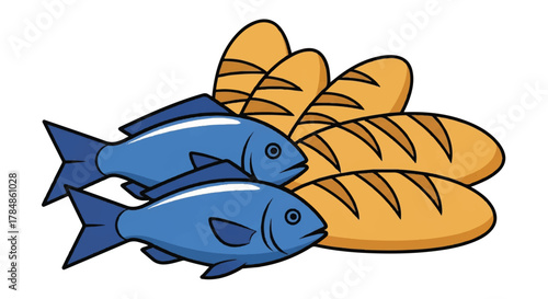 Two fish and five loaves of bread Christian symbol. Biblical miracle of the feeding of the multitude. Religious vector illustration