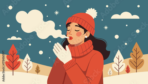 A woman breathing in the cold winter weather. Flat design vector illustration. Character warming her hands in a snowy landscape