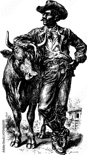 Cowboy and cow silhouette in vintage style. Hand-drawn black outline vector illustration showcasing western heritage and agriculture themes.