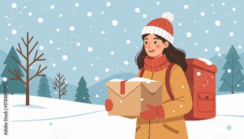 A female courier delivering a package in a snowy winter landscape. Holiday shipping and delivery service concept. Flat cartoon vector illustration