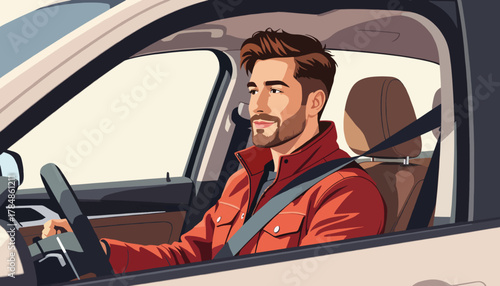 Vector illustration of a man driving a car. Young handsome driver wearing a seatbelt for safety. Modern cartoon character for automotive and travel concepts