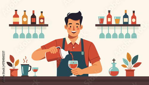 Illustration of a bartender serving wine at a bar. Flat design character of a man working in a restaurant. Hospitality and beverage service vector graphic