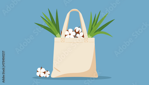 Eco-friendly reusable tote bag with cotton flowers. Sustainability and zero waste lifestyle concept. Flat design vector illustration