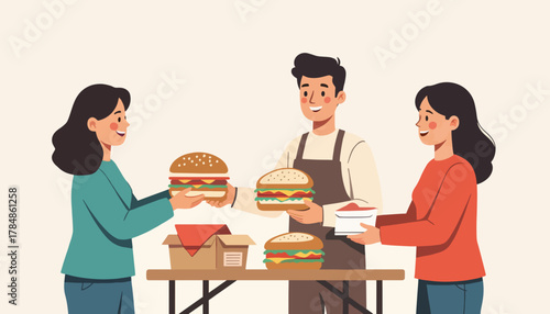 A volunteer serving hamburgers at a charity event. Food donation and community support concept. Flat design vector illustration